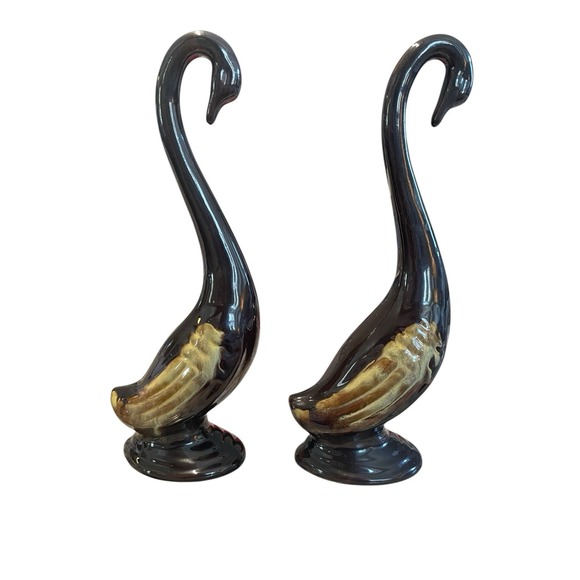 Enesco Swan Figurine Set Vintage Brown Ceramic MCM Hollywood Regency Retro Bird - Picture 4 of 6